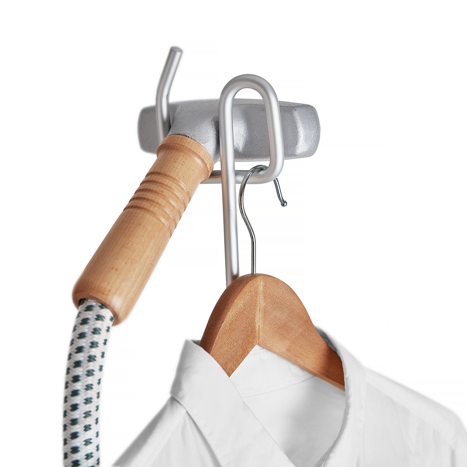 Garment steamer with metal head, wood handle