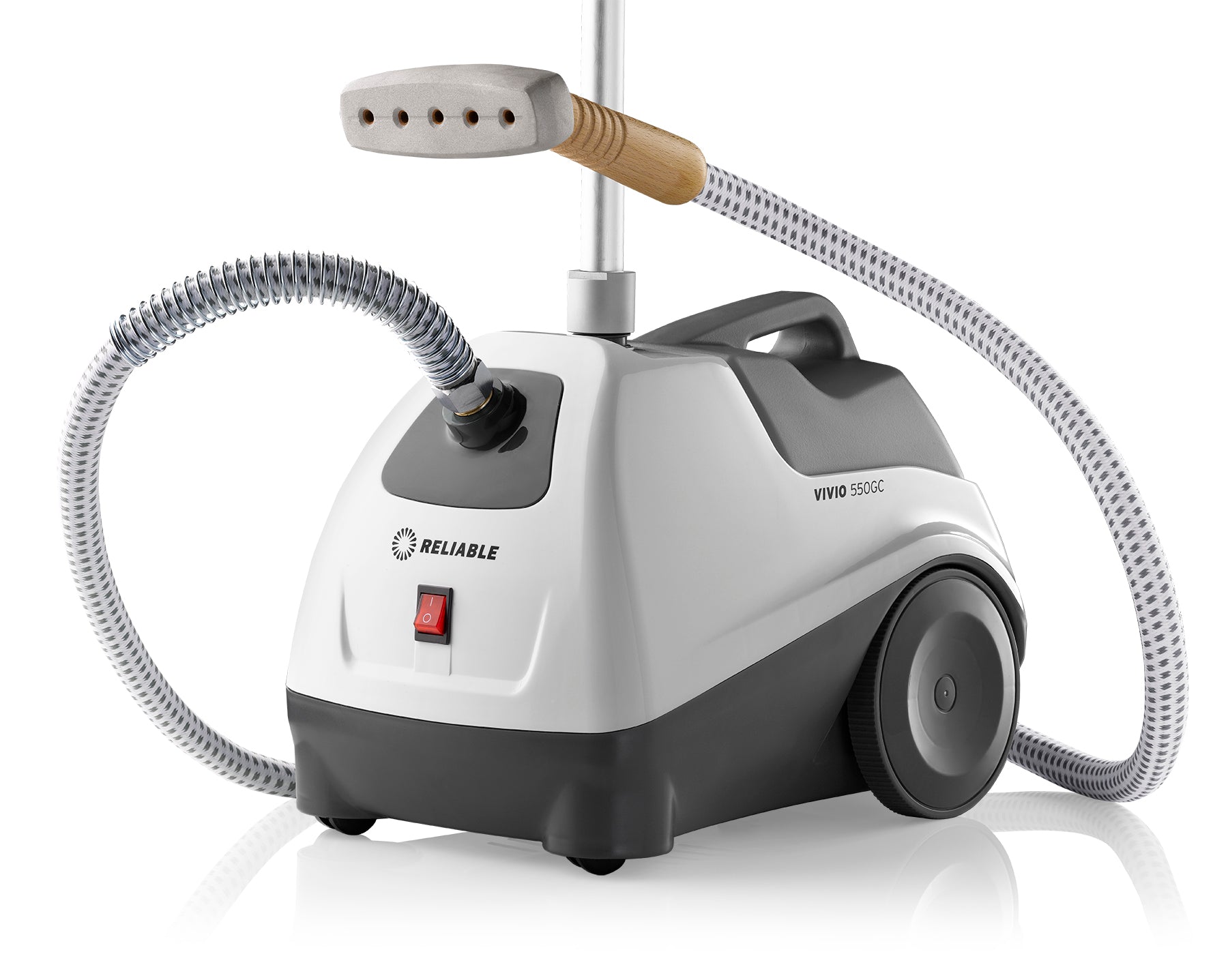 Premium garment steamer with metal head, wood handle