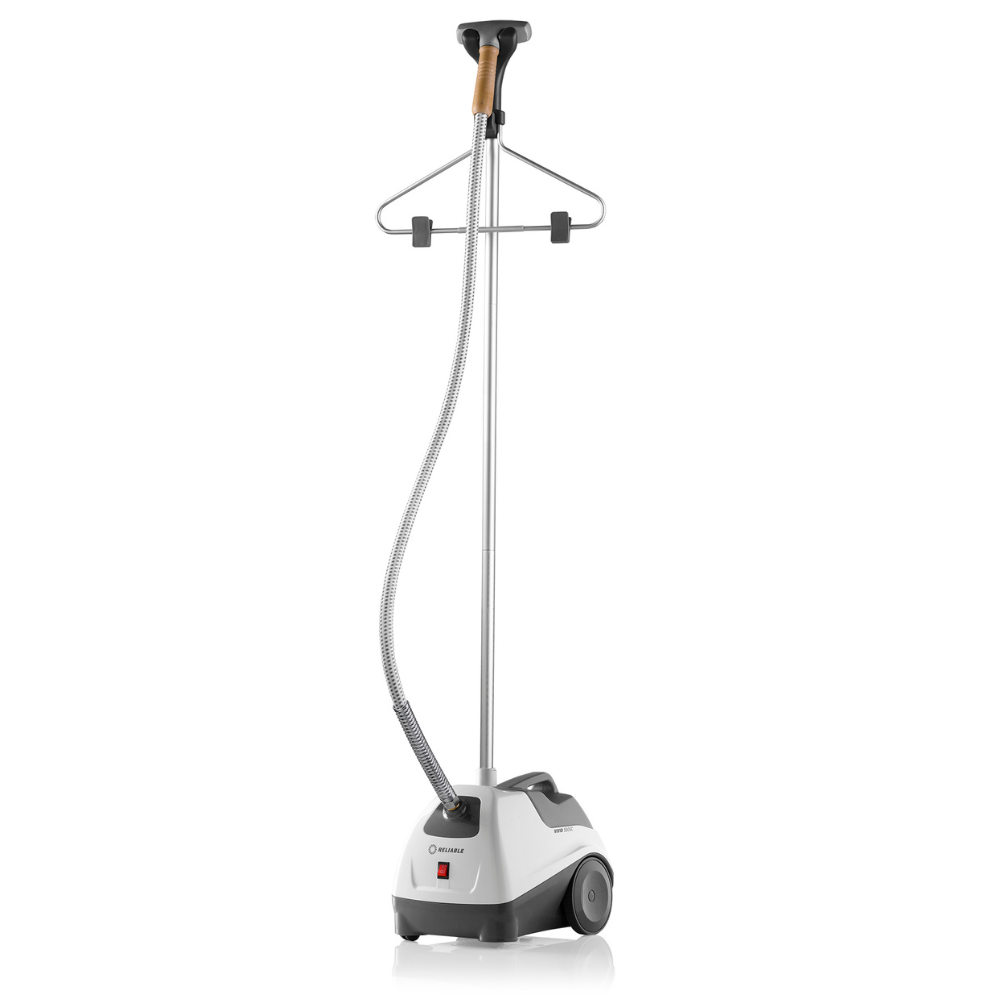 Premium garment steamer with metal head, wood handle