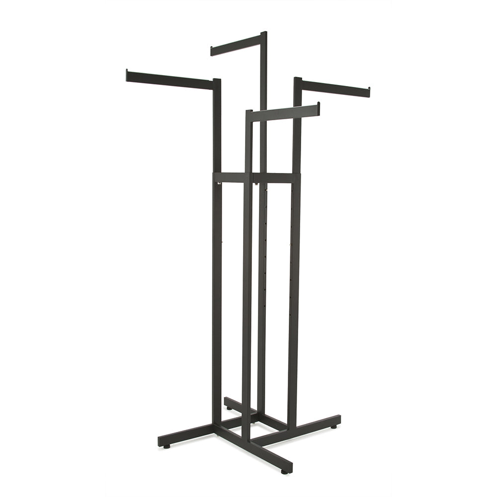 Présentoir à vêtements 4 faces avec bras droits de 16'' avec cube d'arrêt, tube rectangulaire