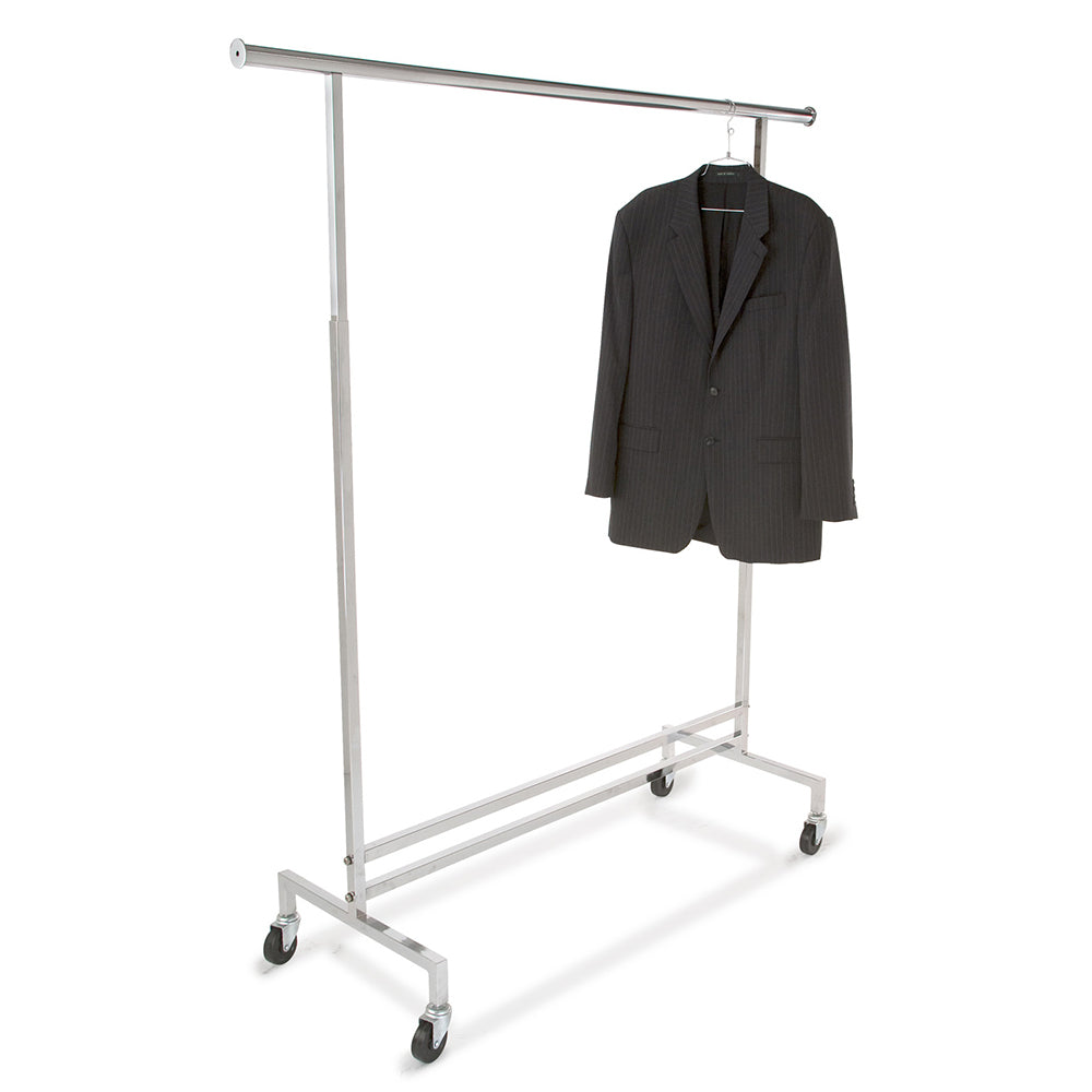 Single Hangrail Rolling Clothes Rack- Heavy Duty Square Tubing Clothing Rack, Commercial Grade Clothing Display, Square Tubing Rolling Rack, Chrome