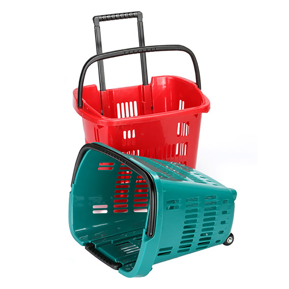 Plastic shopping basket with extendable handle and 2 wheels