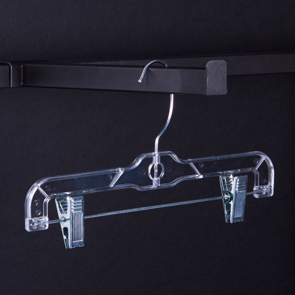 Hanger with adjustable clips on horizontal bar and a swivel metal hook. Box of 100